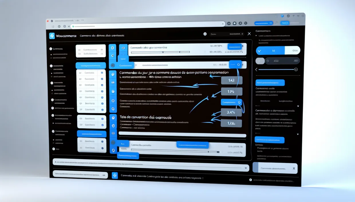 Interface back-office WooCommerce avec zones de gestion produits commandes et extensions annotées