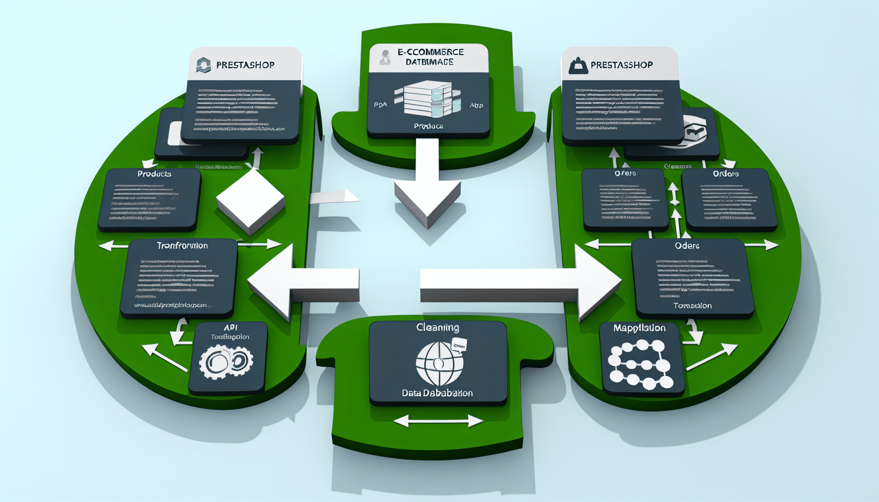 Schéma flux migration données PrestaShop vers Shopify processus technique
